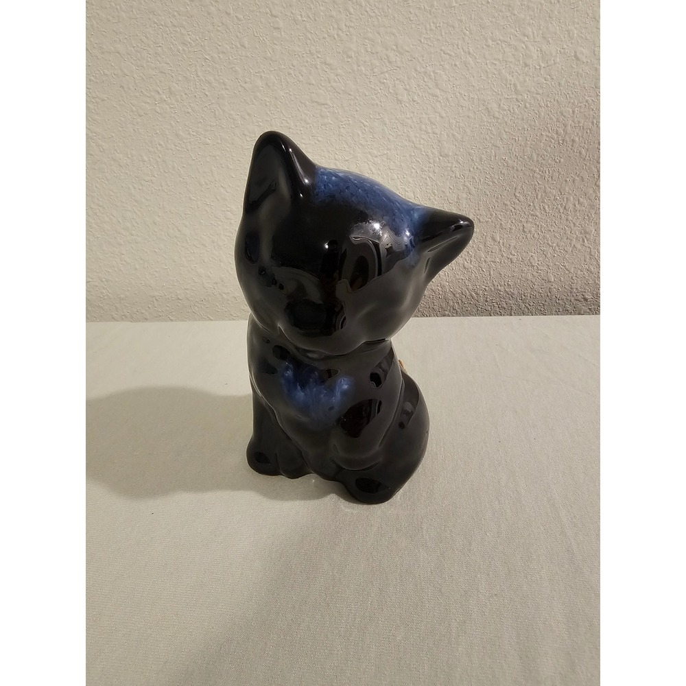 Bermuda Pottery Black Blue Drip Glaze Ceramic‎ Cat Figurine Vintage Souvenir